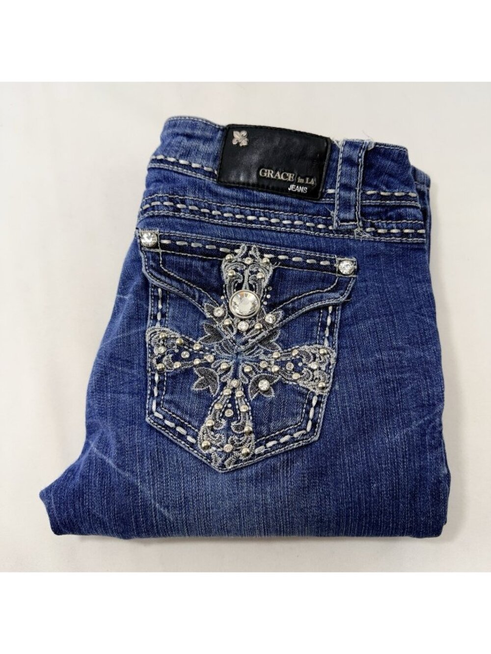 Grace In LA Jeans Cross Embroidered Bootcut Women Size 28 Rhinestone Distressed